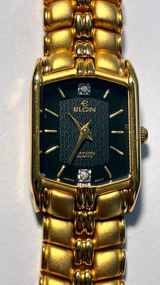 Vintage Elgin Rectangular Quartz Diamond Watch - Chip Black Face 5Y30 Gold Band