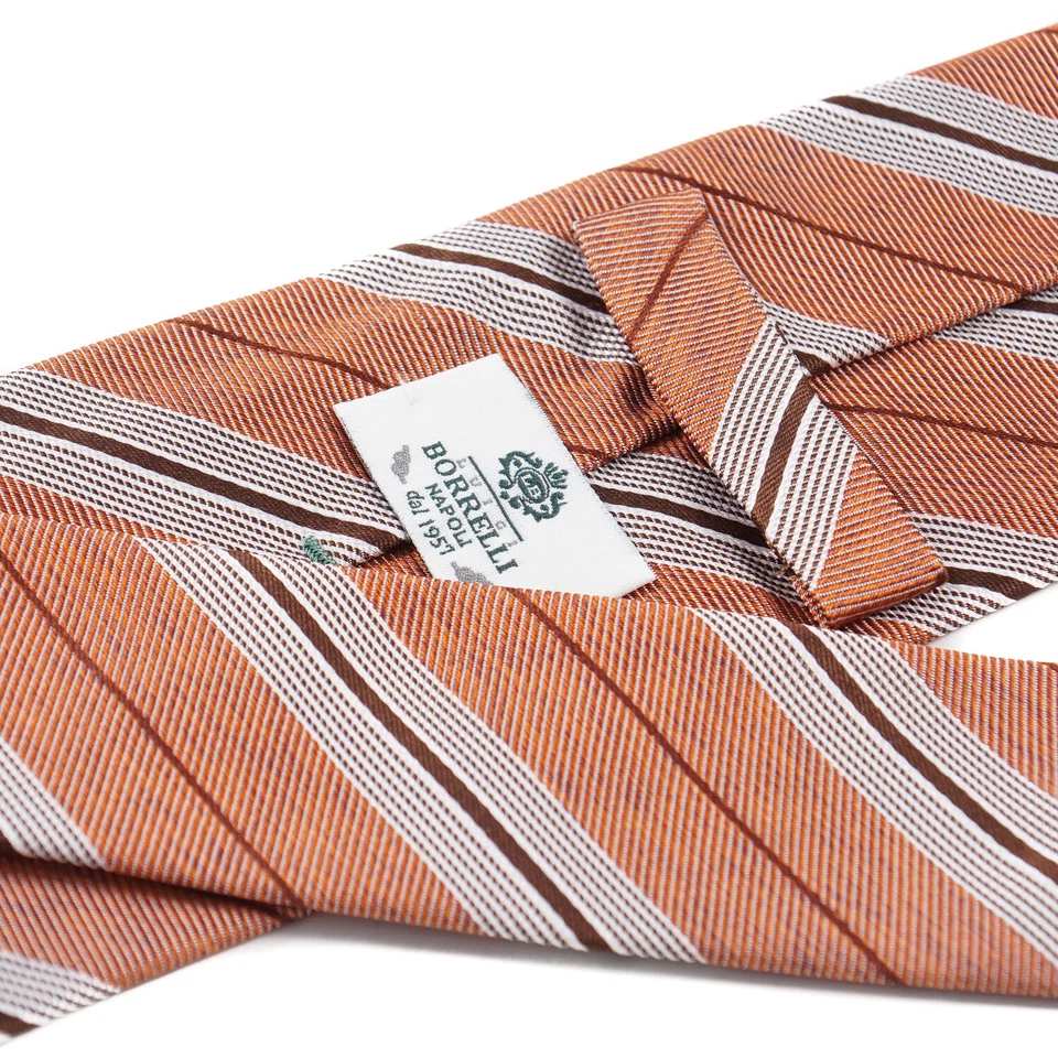 Luigi Borrelli Napoli Orange Twill Silk Tie with Brown and White Stripe NWT - Image 3 of 4