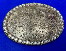 Vintage 1996 Western Flower Swirl Oval Belt Buckle With Rhinestone Boarder