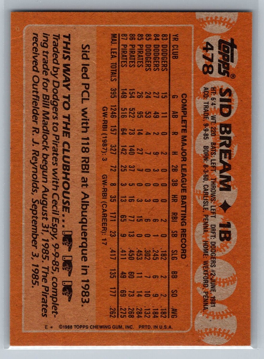 1988 Topps Baseball #478 Sid Bream Pittsburgh Pirates | eBay