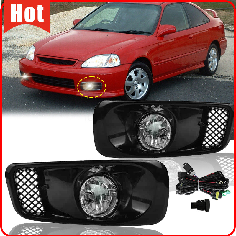 Pair Clear Lens Bumper Fog Lights Lamps+Wiring+Switch For Honda Civic 1999-2000