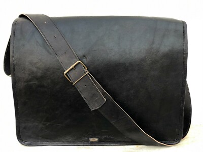 18 Herren Schwarz Leder Leinen Vintage Schultertasche Laptop