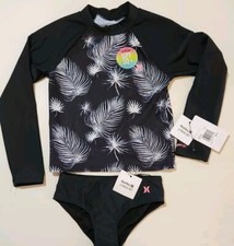 New Hurley Girls Long Sleeve Rash Guard 2-Piece Swimsuit Black Sail Sz 5 Read 