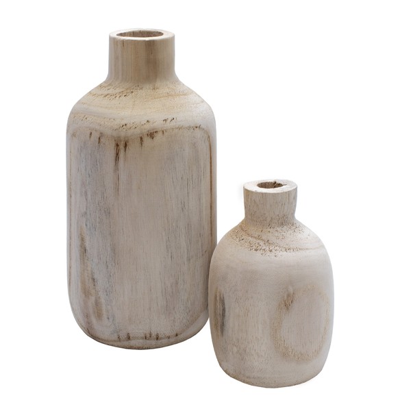 Holz Flasche Blumen Vase 2Er Set - 18 / 28Cm - Tisch Fenster Kunst Pflanzen Deko-image