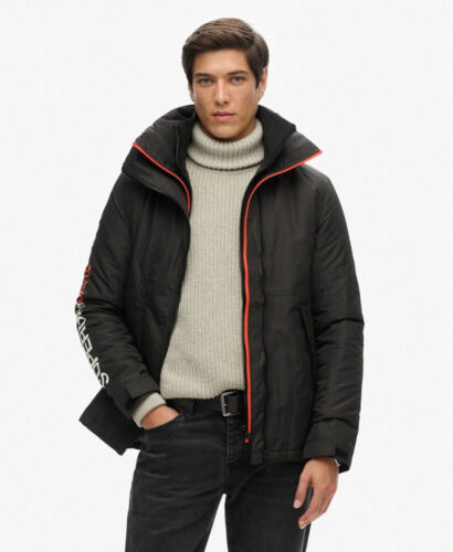 Superdry Jacket Coat Hooded Yachter Windbreaker Jacket Zip Pockets Black Orange - Picture 2 of 7