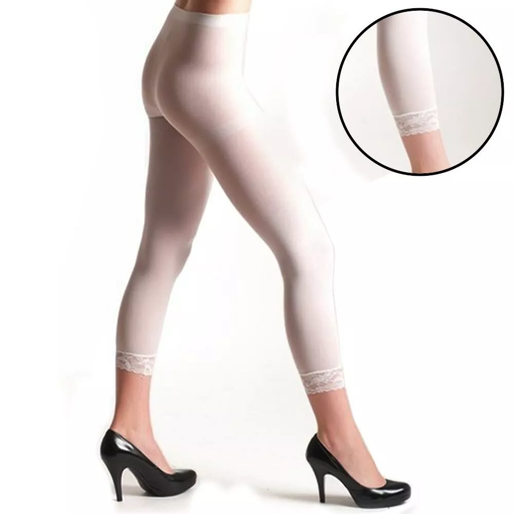 Ladies Women Footless Tights Capri Lace Trim Hosiery Opaque White