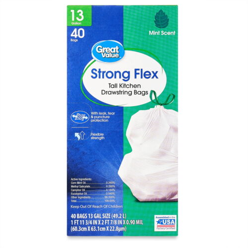 Strong Flex 13 Gallon Tall Kitchen Drawstring Bags, Mint Scent, 80 Count - Picture 10 of 17