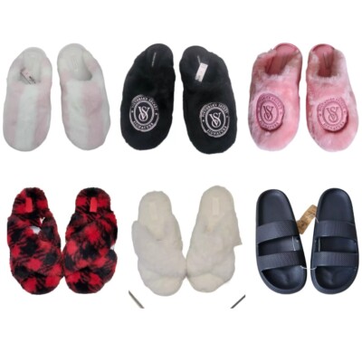 NWT VICTORIA'S SECRET SOFT PLUSH CLOSED TOE FAUX FUR PINK VS LOGO SLIPPERS M