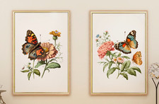 Butterflies Prints, Set of 2 Art Prints, Flowers and Butterflies Wall Art Decor