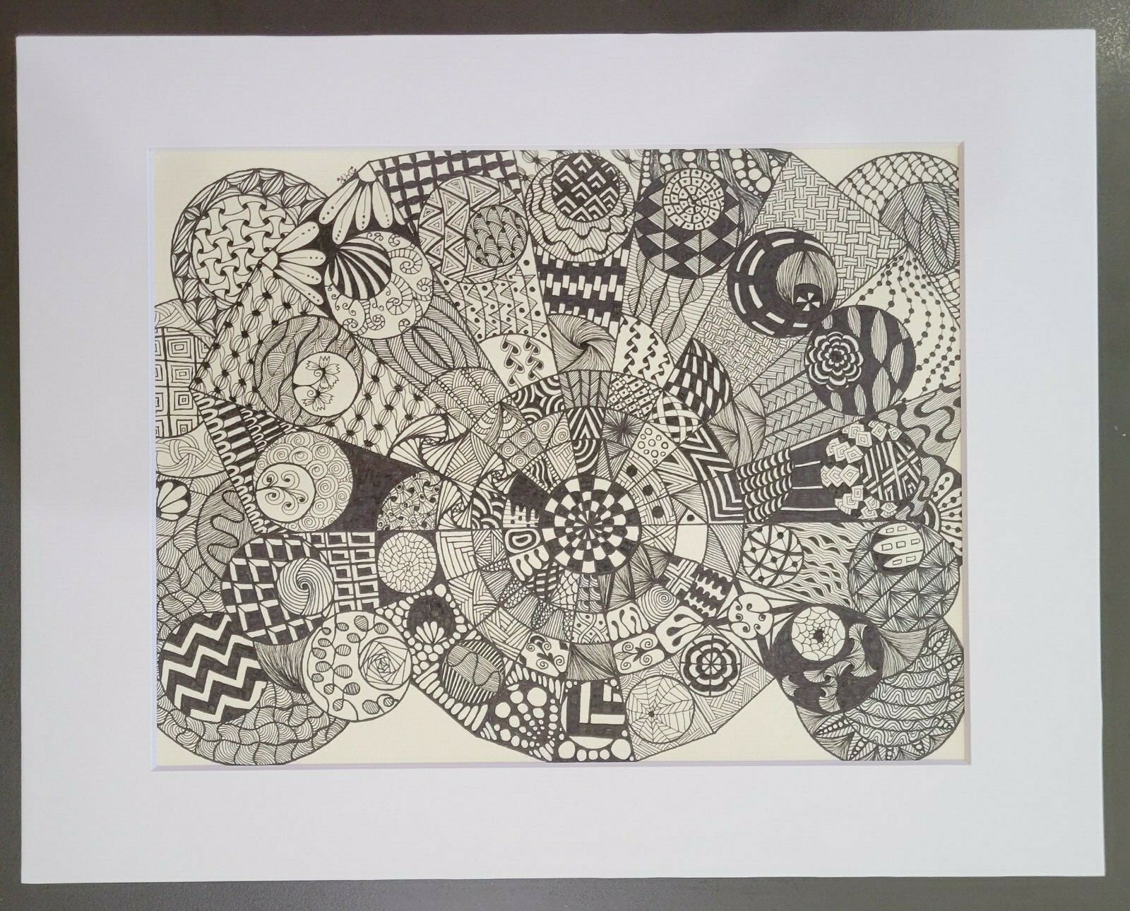 Signed Ink Drawing Art Abstract 9x12 Original Doodle, Matted