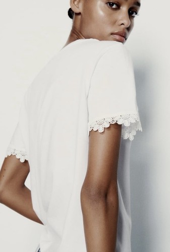 Zara Women’s Trimmed Cotton Top T-Shirt Short Sleeve Round Neck White Large NWT - Picture 13 of 16