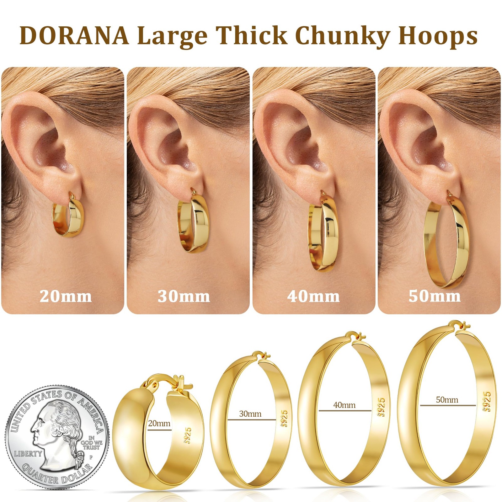 14K Gold Plated Hoop Earrings for Women Large Hoop Earring Chunky Hoops Sterl...