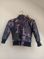 Swiss Tech Boys Black And Gray Camo Puffer Jacket Coat Size 6/7 Faux Fur Hood