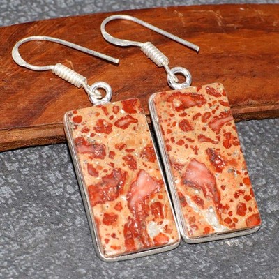 925 Silver Plated Stunning Asteroid Jasper Earrings Jewelry Size 1.7'' GW