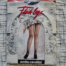 Vtg 80s New Wave Glam Goth Sheer Black Cuban Heel Back Seam Hosiery Pantyhose L