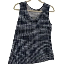 Tahari Stretch Jersey Tank Top size Large Blue Tile Pattern Keyhole Roundneck