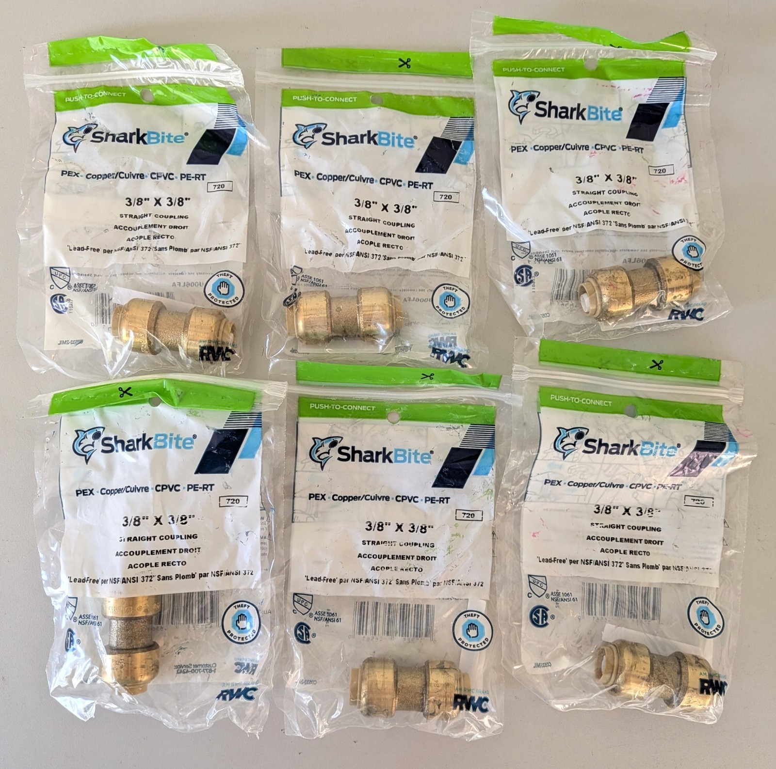 SharkBite 3/8" x 3/8" Push-to-Connect Brass Straight Coupling #U006LFA, LOT OF 6