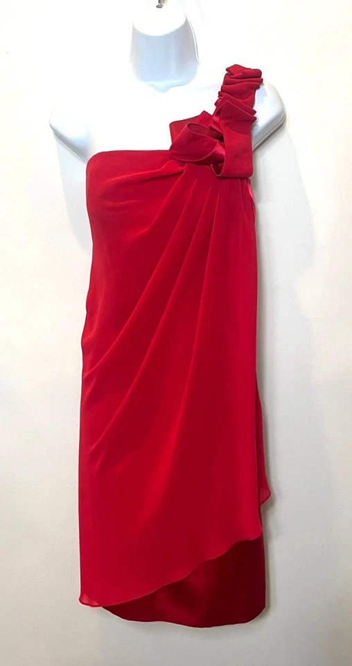 Max & Cleo Crimson Red One Shoulder Dress Ruffle Bow Sheer Overlay Size 10 - Image 3 of 4