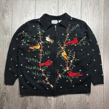Vintage Birds Cardinals All Over Knit Sweater Medium Black Zip Nature Grandma