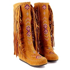 Women's Embroidered Indian Moccasins Knee High Boot Tassels Shoes plus sz