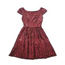 Red Party Dress Windsor Sequin Cocktail Size 3/4 Off Shoulder Boat Neck Low Back