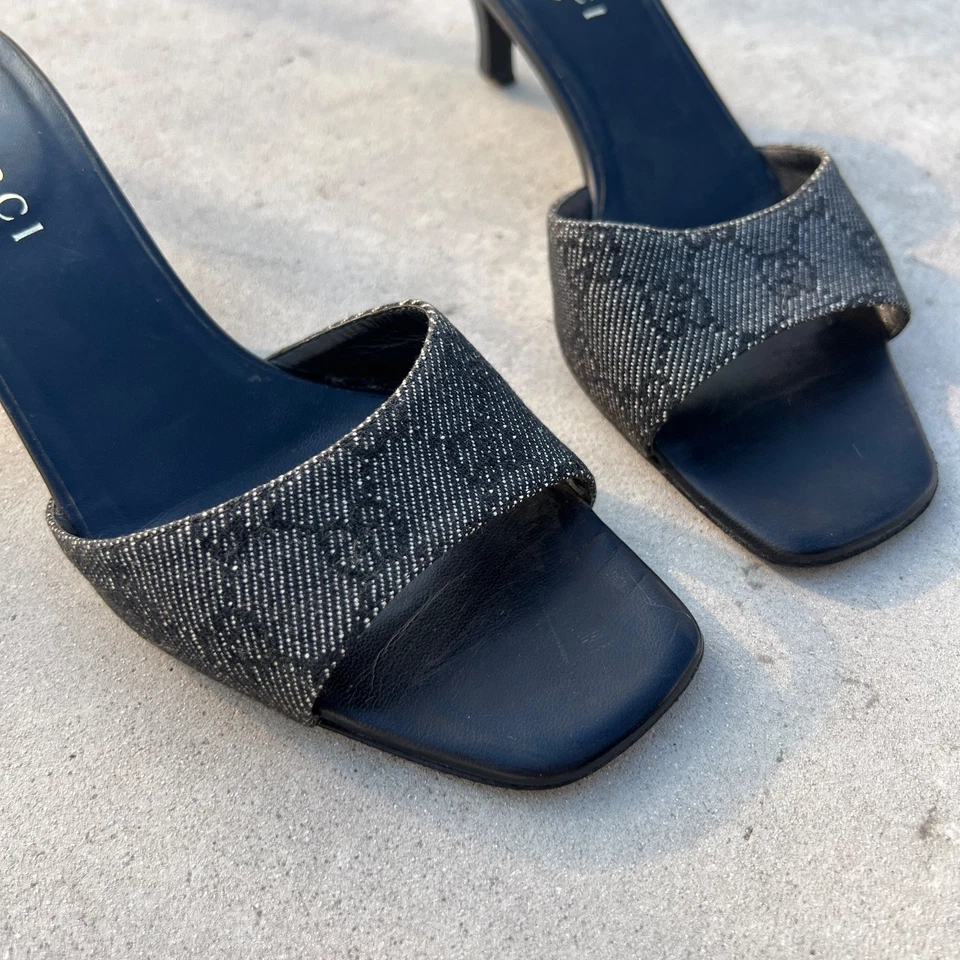 Gucci | Authentic Vintage Black Denim GG Monogram Pattern Mid Heel Mules (36.5) - Image 4 of 4