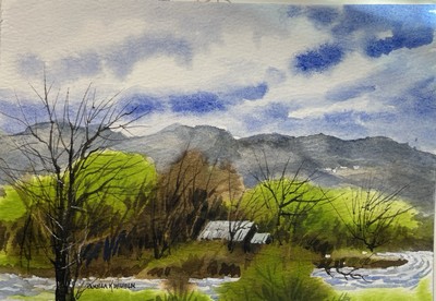 Pamela Wilhelm Watercolor 5 x7  Original Early Spring River Barn Mountains Sky