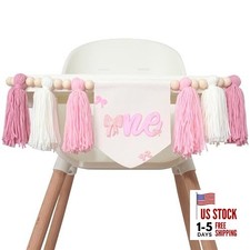 First Birthday High Chair Banner, Pink and White Tassel Garland with Bow