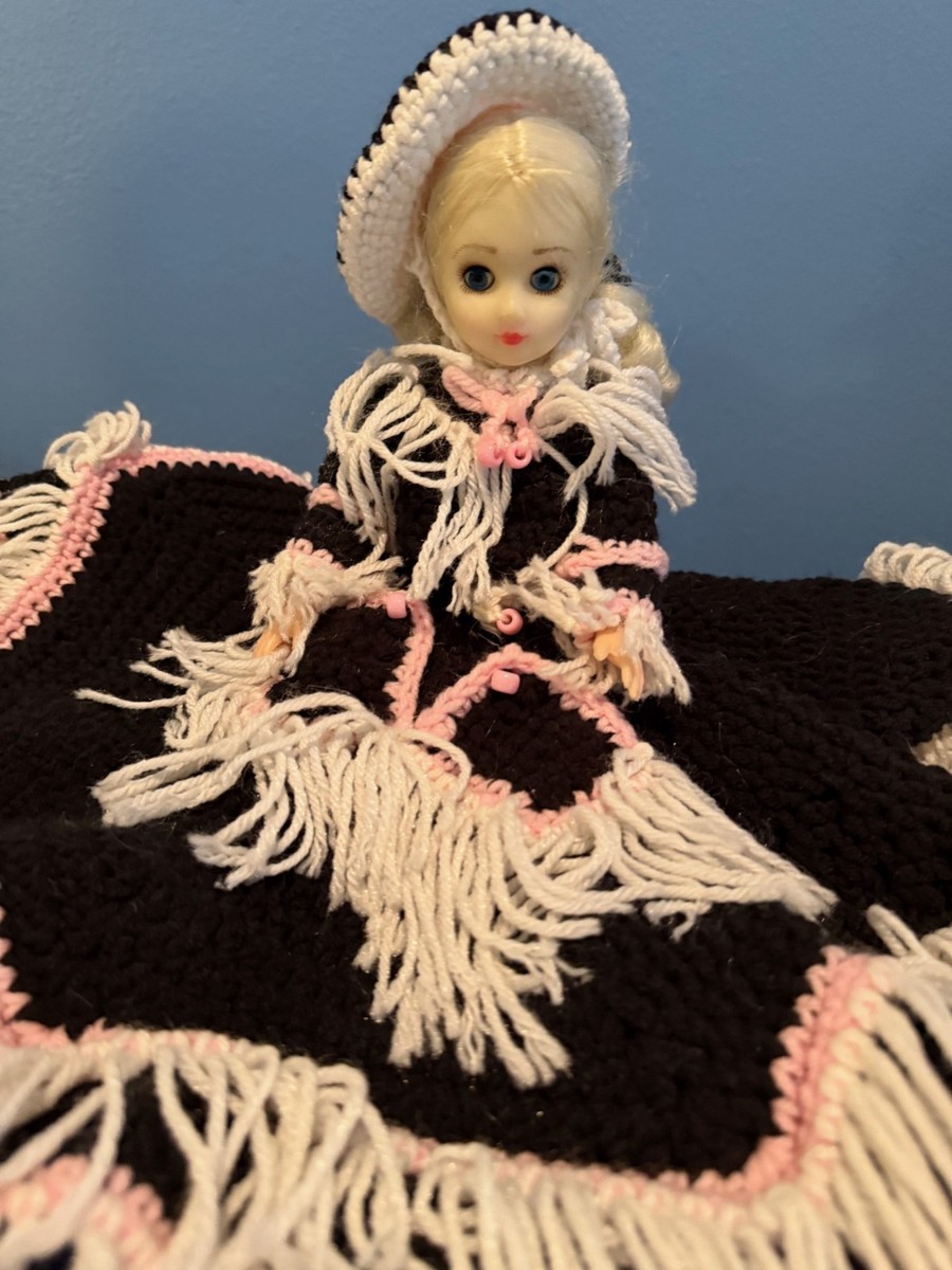 Vintage Bed Doll Crochet Wearing Black, Pink and White A Cowgirl with a Hat  | eBay