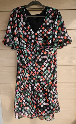 Maree Pour Toi Sz 12 Women's Colorful Geometric Print Bubble Sleeve Lined Dress