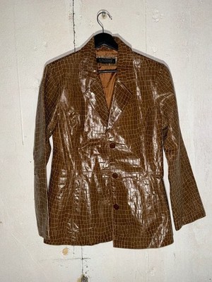 Vintage Dialogue Brown Faux Croc Embossed Leather Button Up Jacket