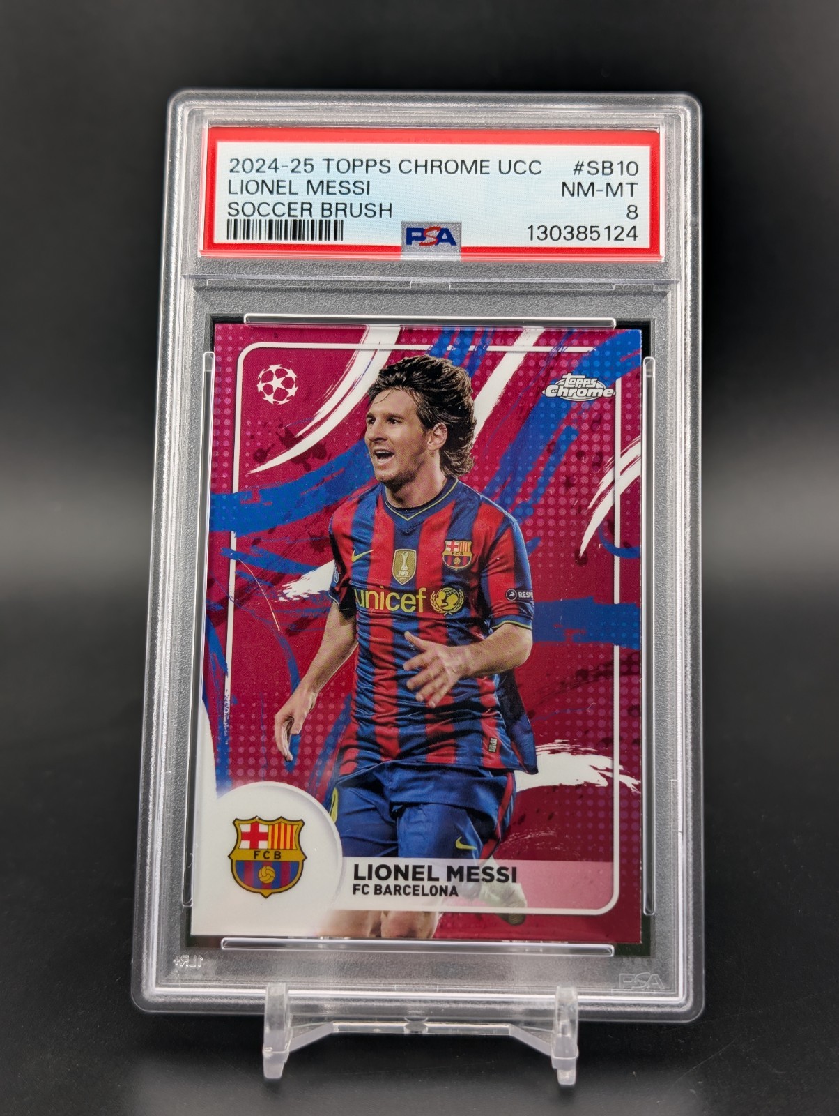 Lionel Messi 2024-25 Topps Chrome UCC #SB10 Soccer Brush Case Hit SP - PSA 8