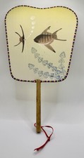 Vintage Hand Painted Asian Paper Fan Fish Design Bamboo Handle Wall Decor