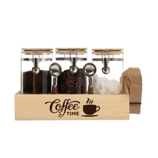 Glass Coffee Canister Set with Shelf & Spoons 3 Piece Coffee Contai... Fast Ship