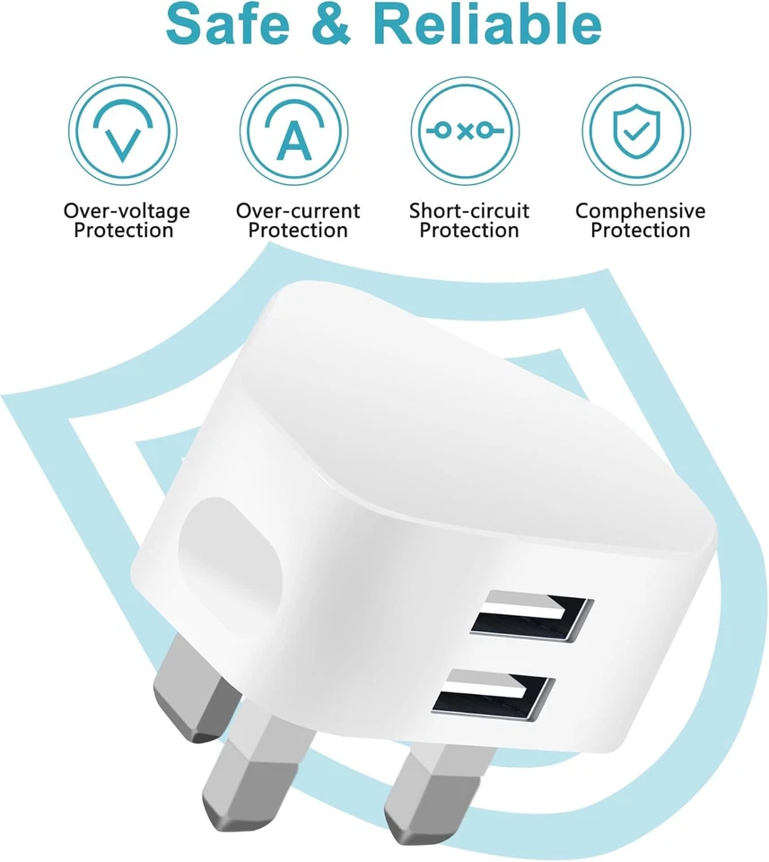 Dual USB Plug UK 3 Pin Adapter Mains Wall Charger 2-Port For Phone Tablet iPhone - Image 2 of 4