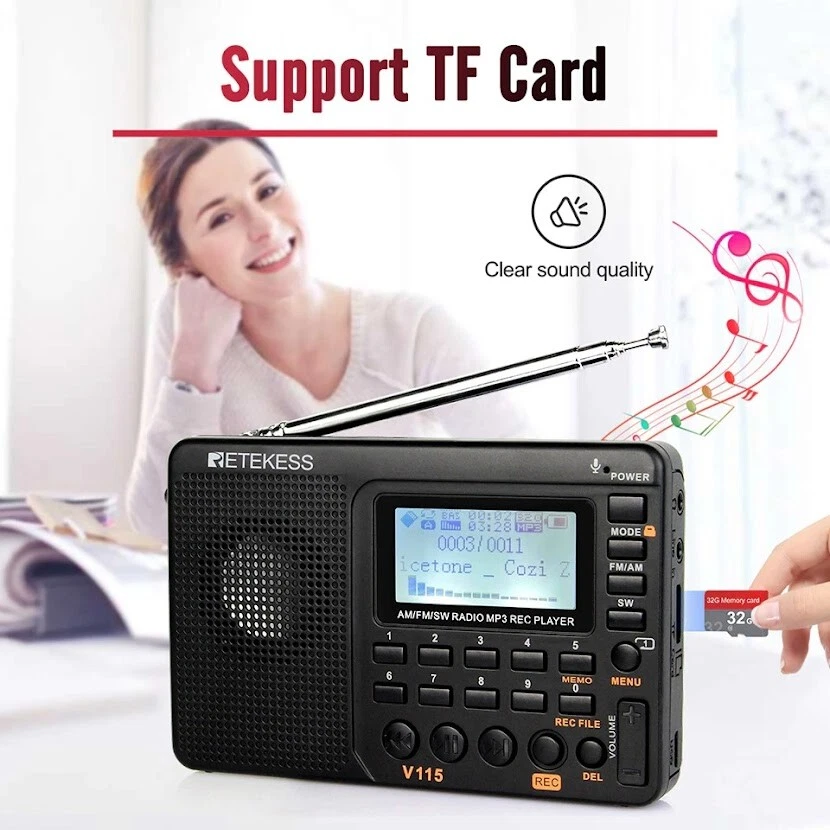 V115 Radio AM FM SW Pocket Radio Shortwave FM TF Card USB Recorder Sleep Time - Image 2 of 4