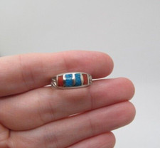 Vintage Southwestern Navajo Inlaid Enamel Blue Red Etched Band Ring Size 6.5