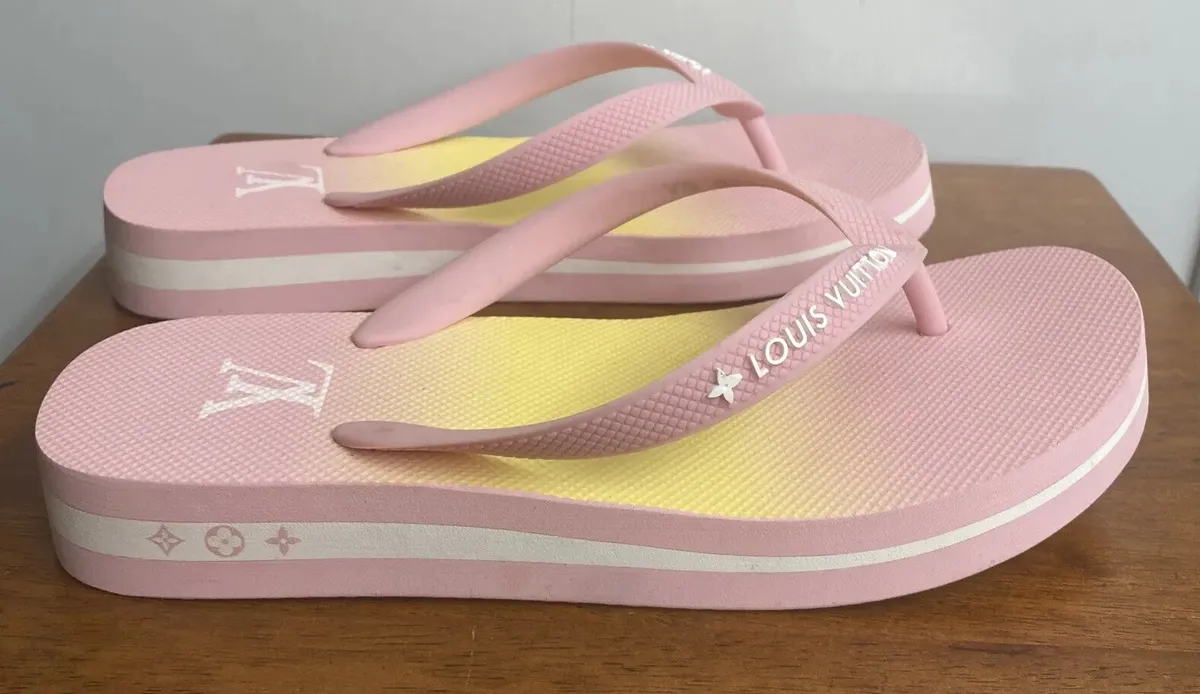 Louis Vuitton Flip Flop Sandal Pink And Yellow Rubber Wedge New AUTHENTIC 38