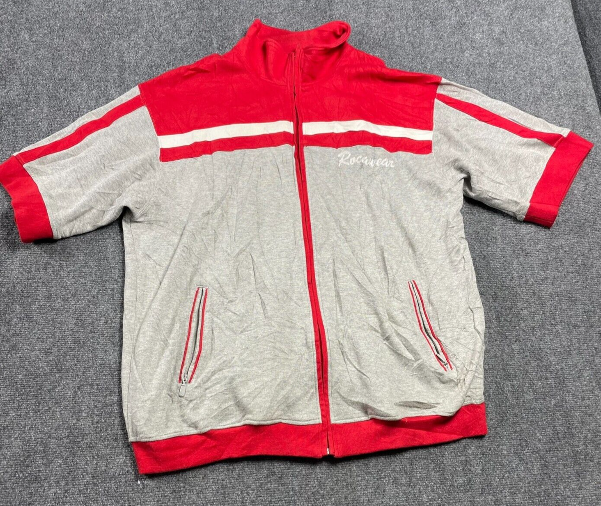 Rocawear Full Zip Short Sleeve Red/Gray Striped Men's Sweatshirt