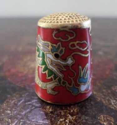 Red Enamel Cloisonne Dragon Sewing Thimble Blue Enamel Interior and Gold Trim