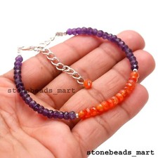 925 Sterling Silver  Carnelian+Amethyst Genuine Gemstone Adjustable Bracelet 7