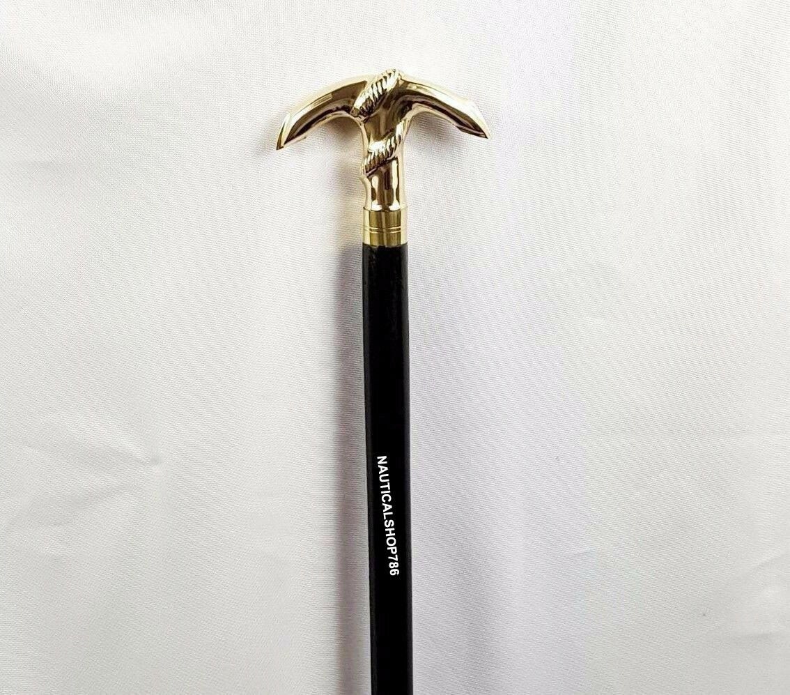 Antique Solid Brass Anchor Head Handle Wooden Wal… - image 2