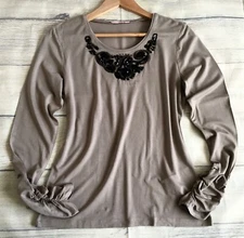 BNWT Basler Taupe Black Beads Ruched Sleeve Stretch Top/ Blouse, UK 12