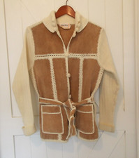 VTG Retro Suede Leather & Knit Belted Cardigan Jacket Coat Size M Boho Hippie