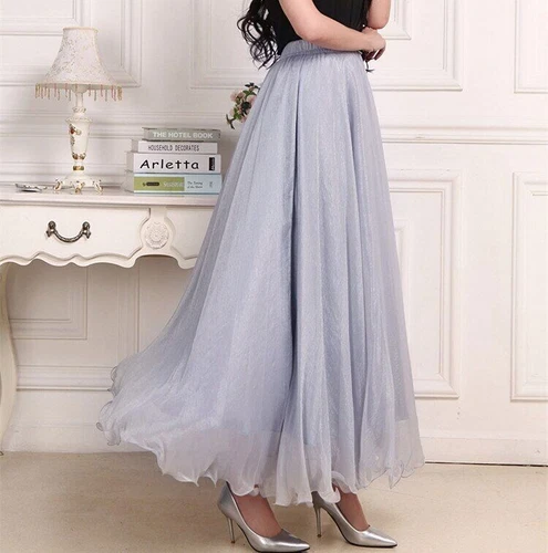 Damen Lange Röcke Hohe Taille Weiß Chiffon Sommer Boho Maxirock Strand Volant - Bild 23 von 40