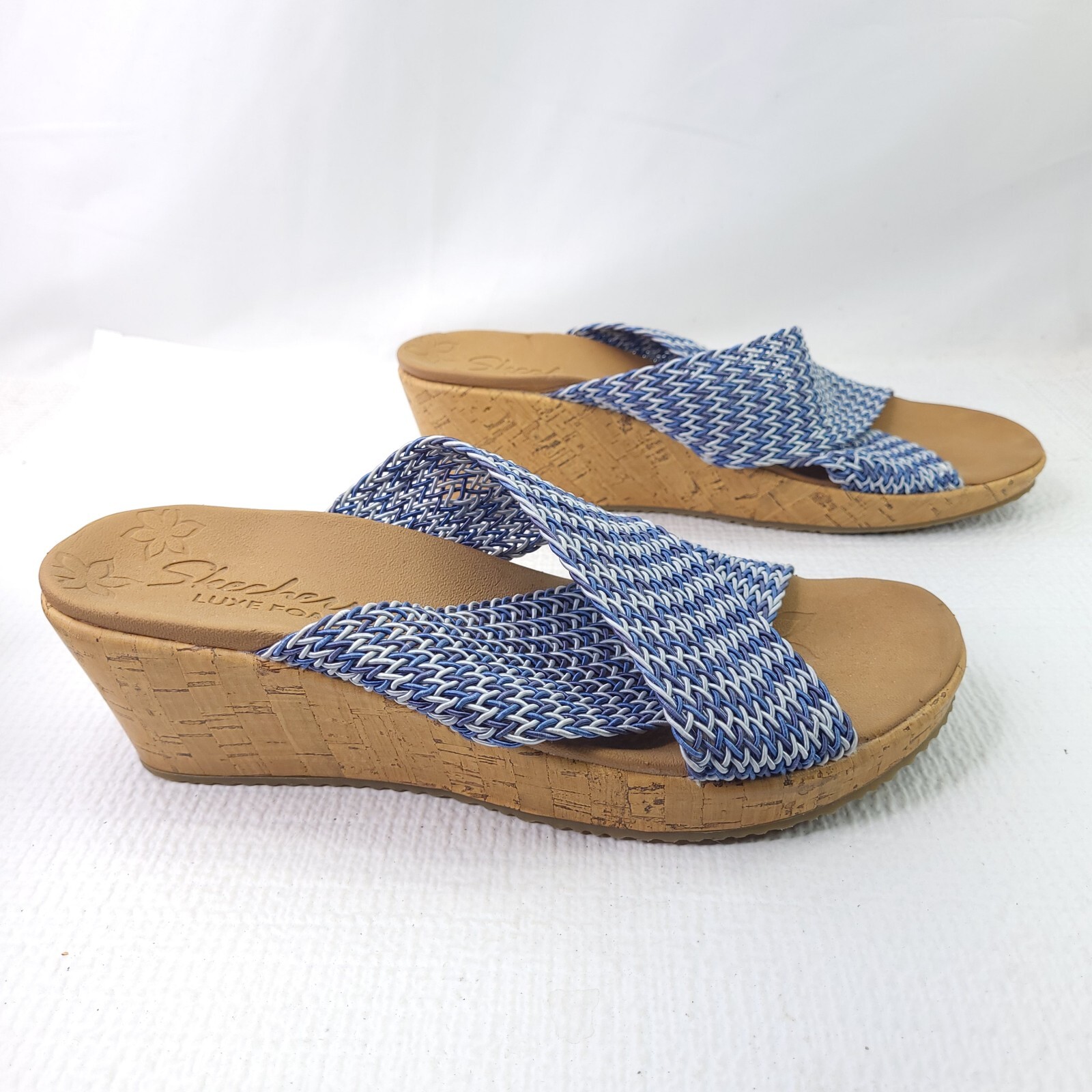 Skechers Size 10 Luxe Foam Wedge Sandals Blue Slip On Open Toe