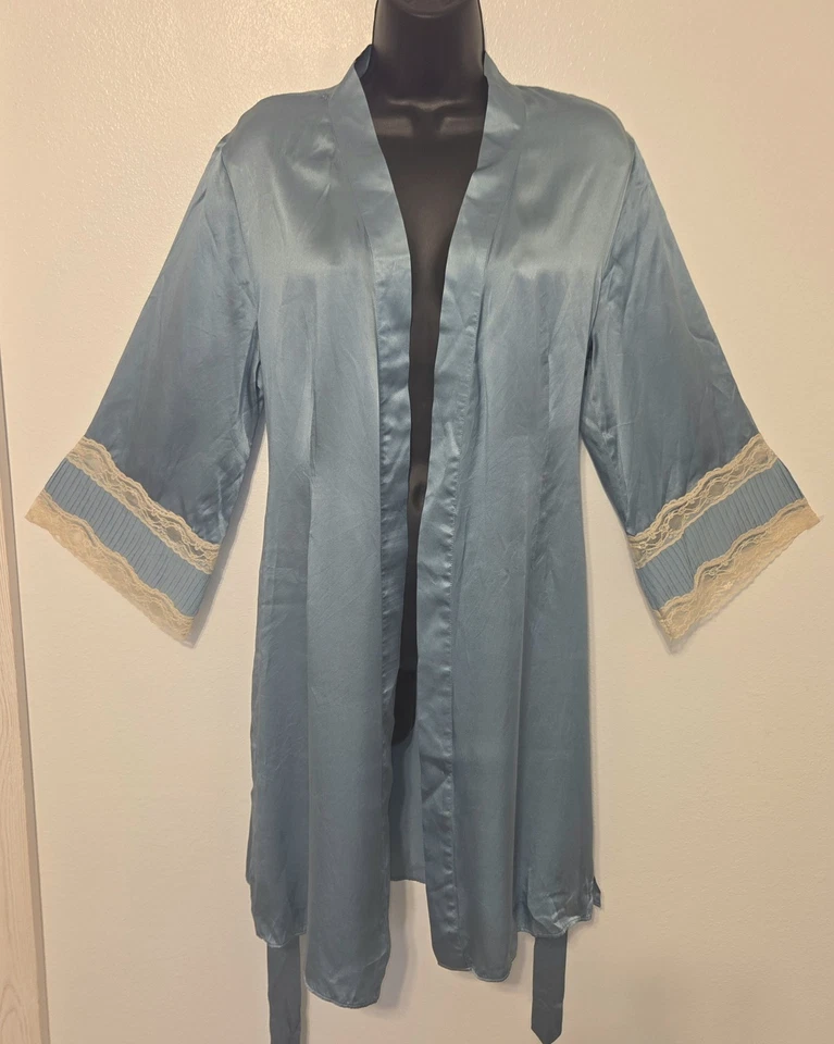 Bata de colección Y2K Valerie Stevens 100 % seda con cinturón talla pequeña topacio azul salón Foto 2 de 4