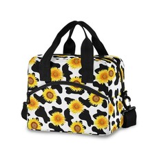 Sunflower Cow Print Insulated Lunch Bag, Large Capacity Crossbody Cooler, Unisex