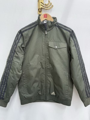 Adidas Kinder wattierte Jacke grün Hahnentritt 3 Streifen durchgehender Reißverschluss Mantel Alter 13-14 164