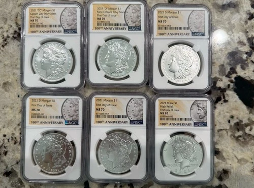 2021 Morgan & Peace Dollar 6 Coin Set MS70 NGC 100th Anni first day of issue